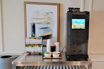 Lux apartments bellevue wa coffee bar with free coffee, tea and hot chocolate options